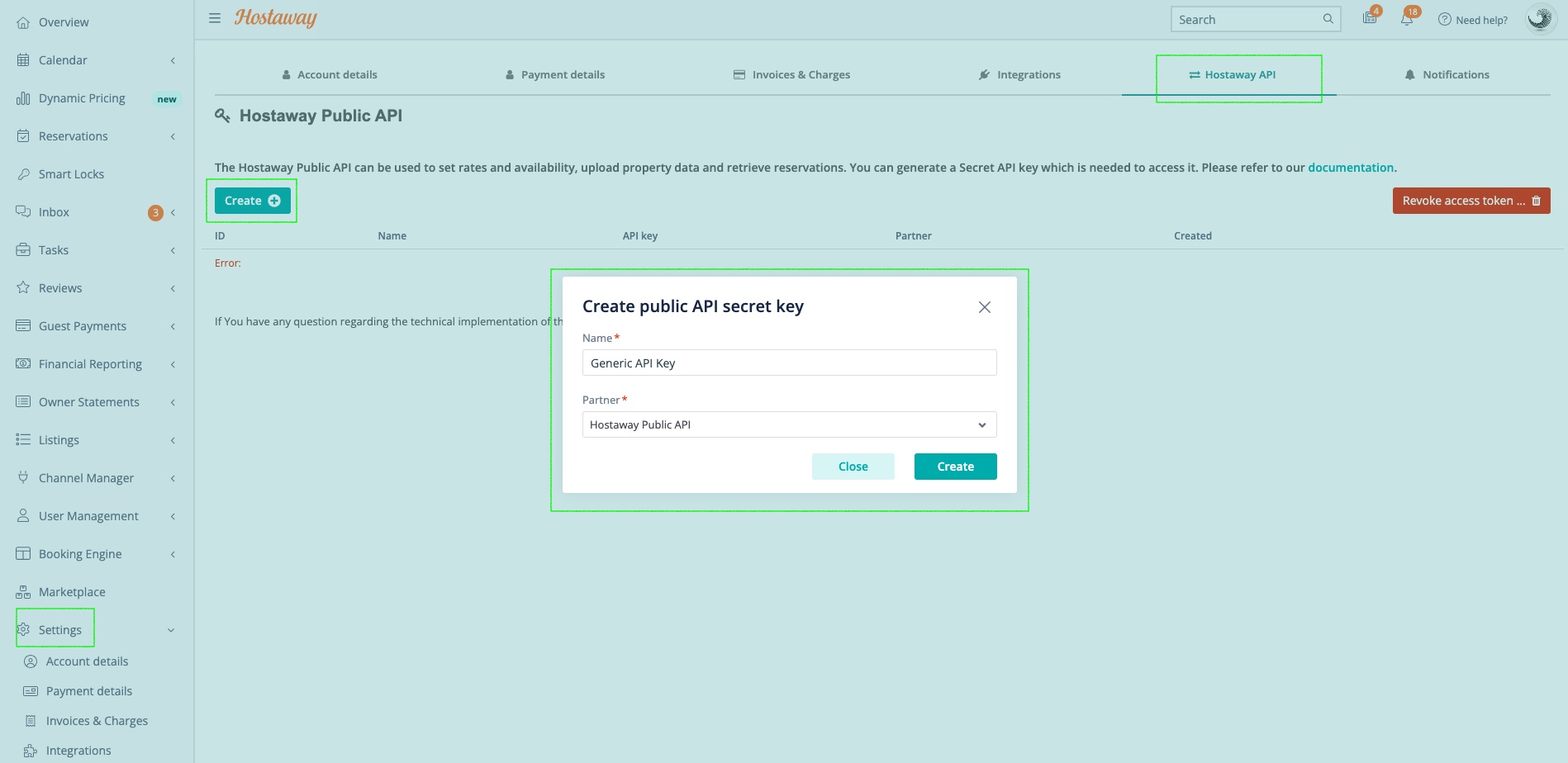 Screenshot of Hostaway API settings page showing how to create an API key